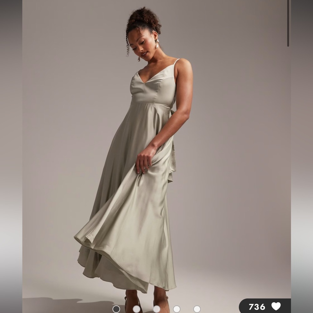 NWT ASOS DESIGN Bridesmaid satin midi dress with tie back in sage green Sz 6